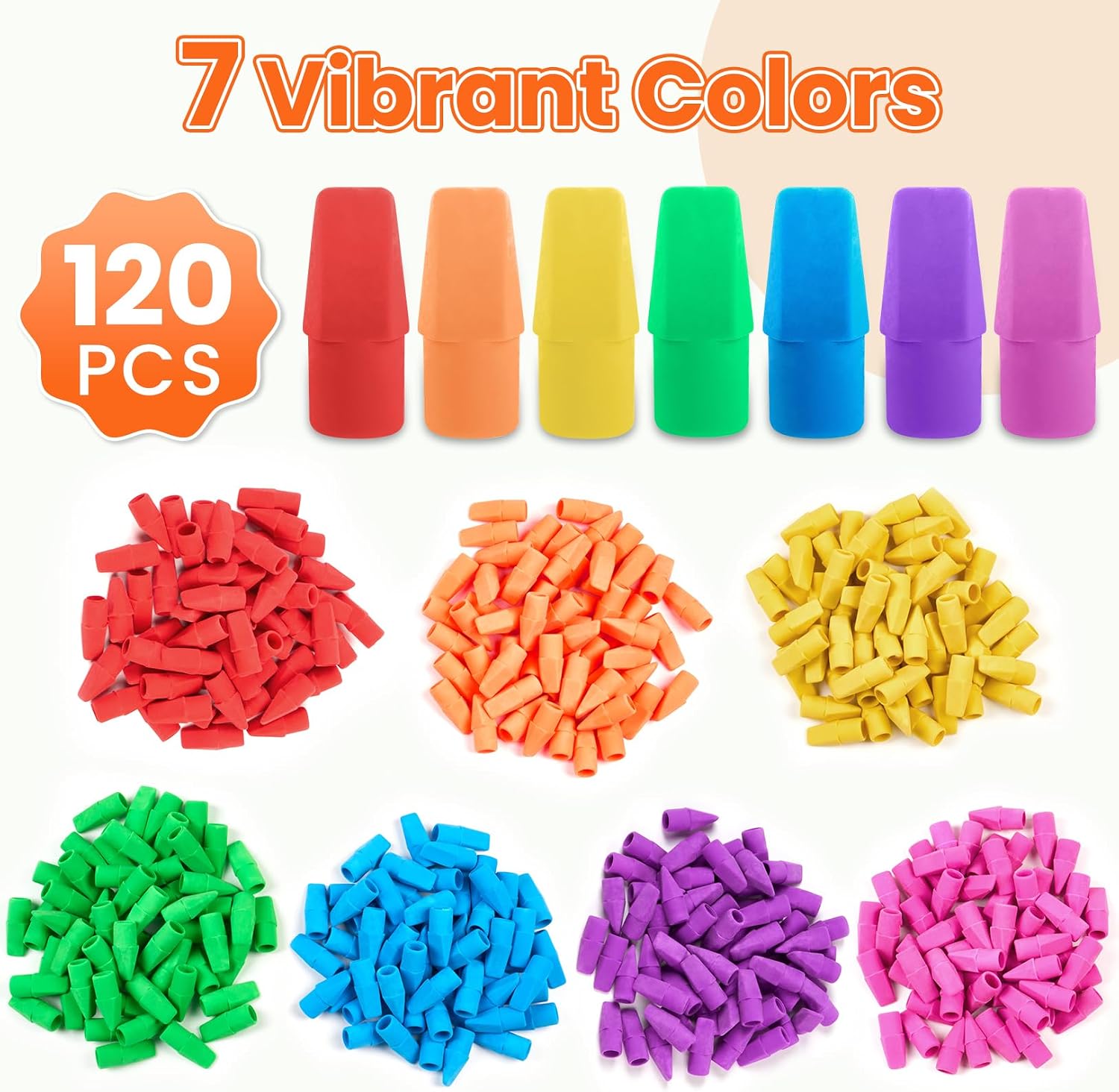 Erasers, 120 Pack Pencil Top Erasers, Cap Eraser Toppers Bulk 7-Color | Erasers Tops, Latex-Free, No-Smudge