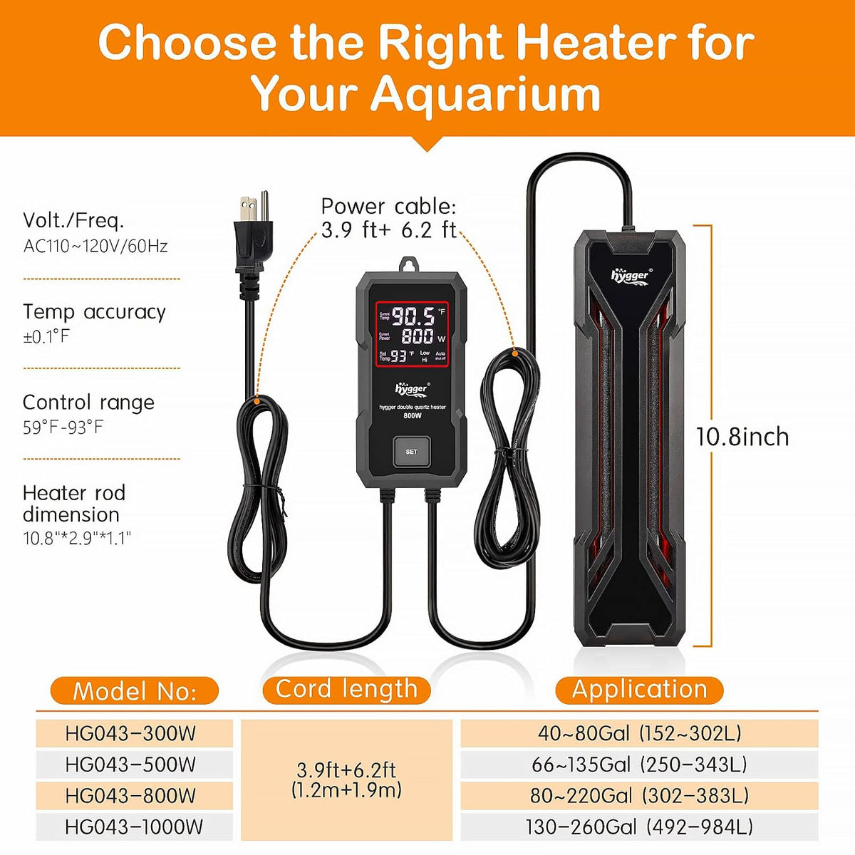 Aquarium Heater 300W/500W/800W/1000W, Submersible Fish Tank Heater