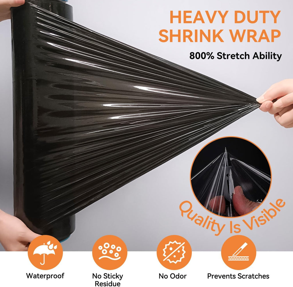 Black Plastic Stretch/Shrink Wrap Roll 18" x 1500' 4 Rolls | Plastic Wrap for Moving, Heavy Duty 80 Gauge, 600%