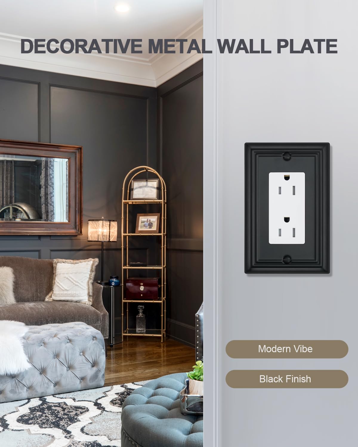 ZILLSEA Switch Plates Outlet Covers, 4-Pack Metal Wall Plates, Black Finish