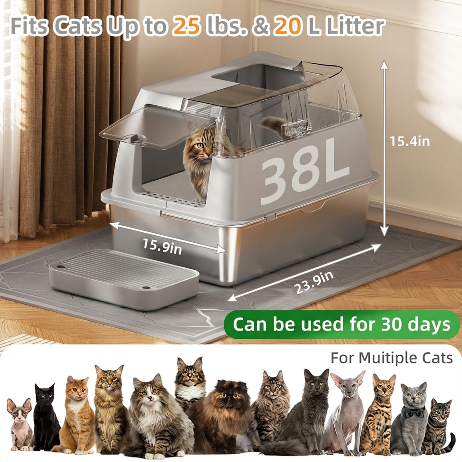 Stainless Steel Litter Box with Lid,Front Entry Top Exit Kitty LitterBox,Extra Large Enclosed Metal Cat Box with