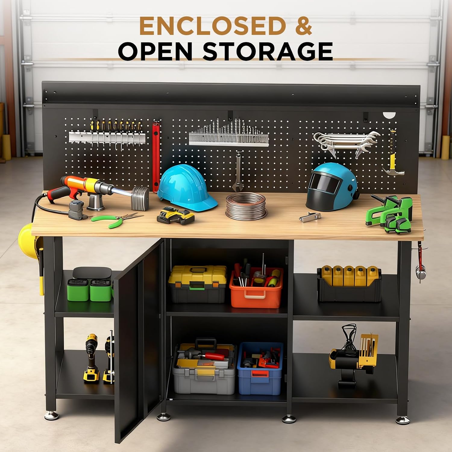60 Inch Heavy Duty Workbench with Storage Cabinet, Wooden Top, 2000 lbs Capacity, Garage Work Table with Pegboard