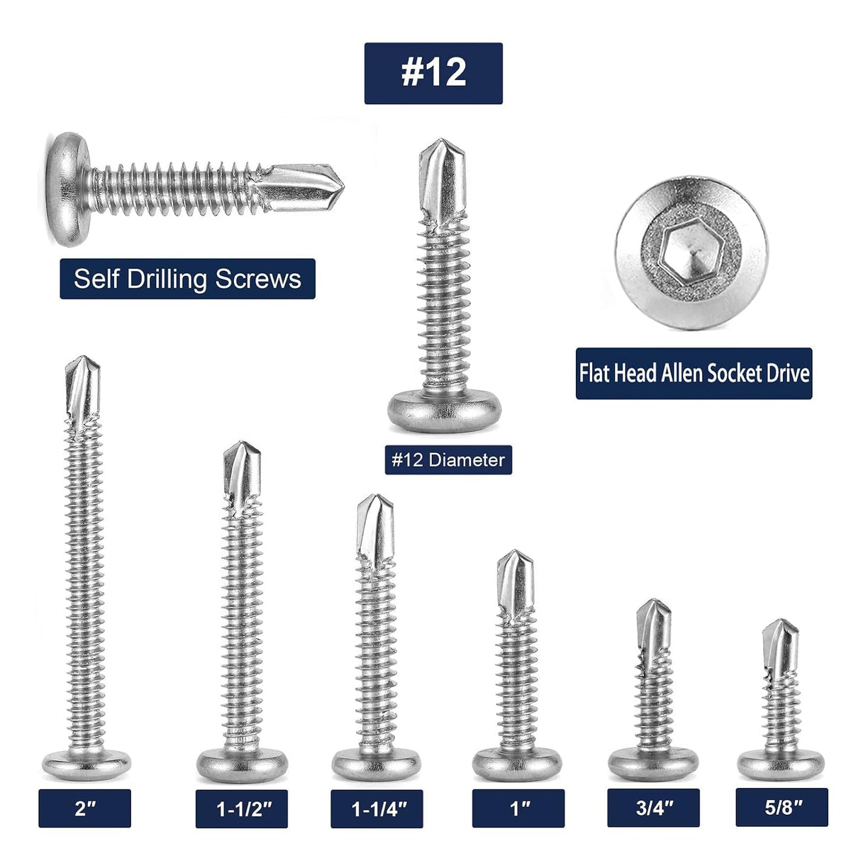 12 x 1" Stainless Steel Flat Head Socket Cap Screws, 100Pcs, Allen Socket Drive, Self Tapping