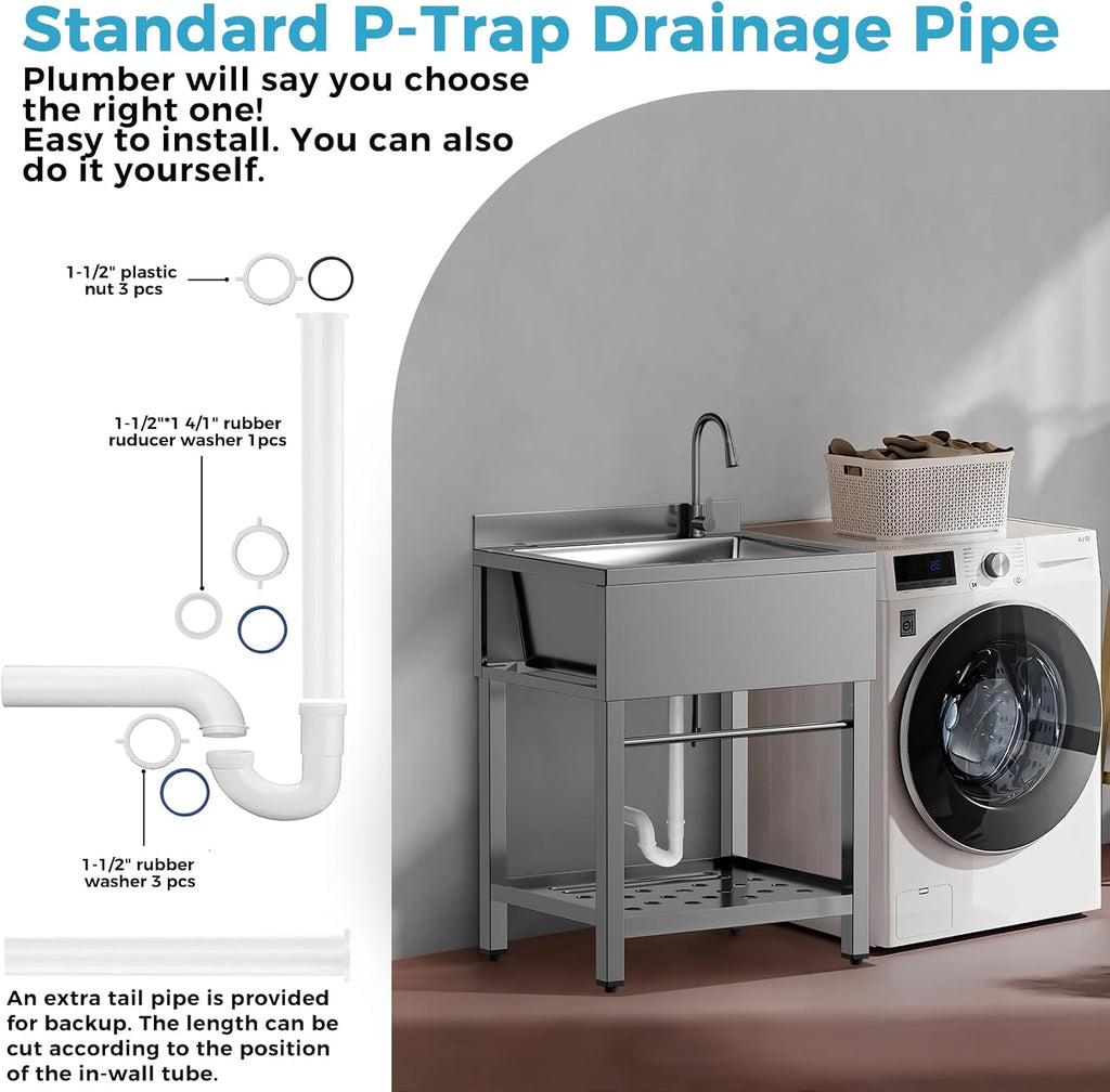 Stainless Steel Utility Sink Freestanding Single Bowl Garage Sink 25 Inch