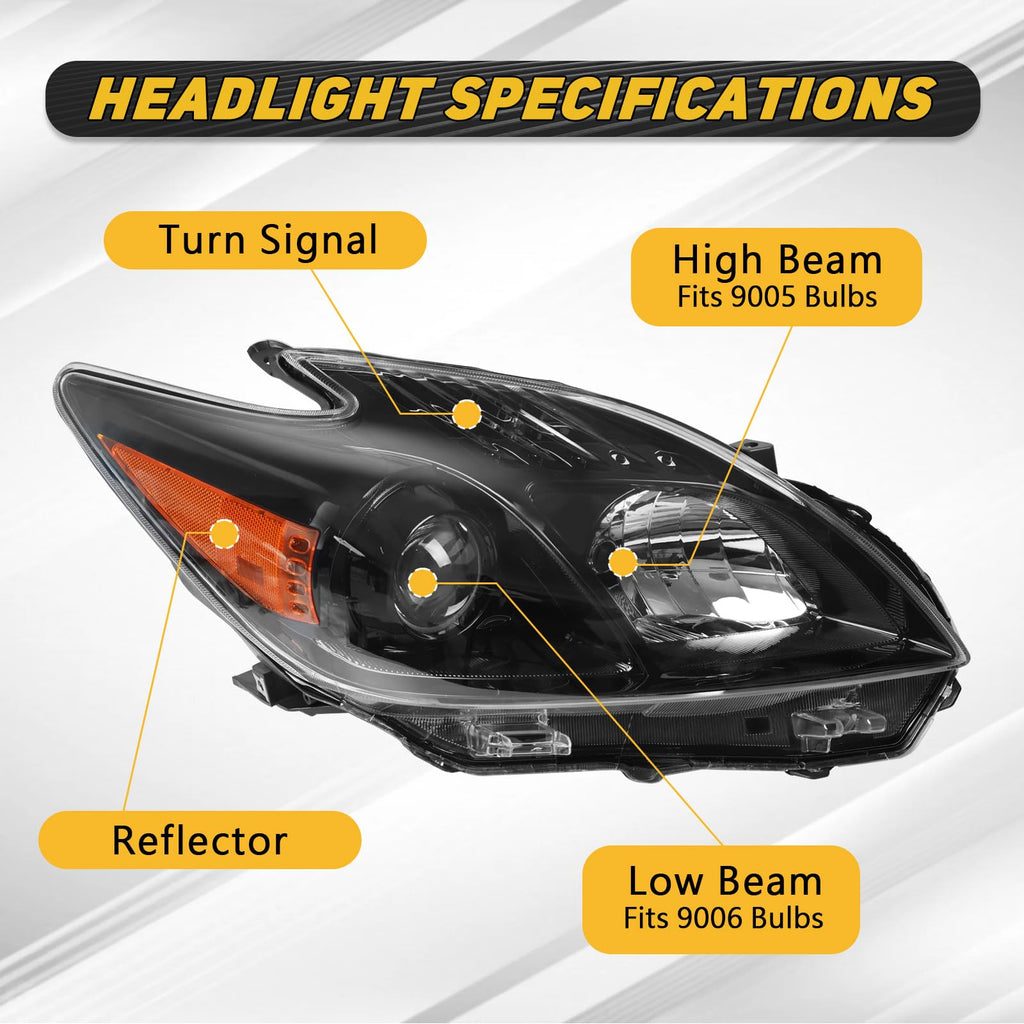 Headlight Assembly Compatible with 2012-2015 Toyota Prius (Black)