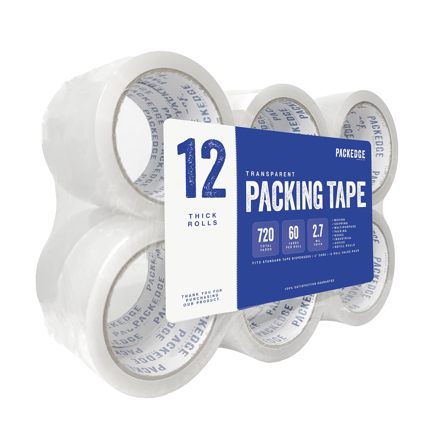 Clear Packing Tape, 12 Rolls, 1.88 in x 60 Yd Heavy Duty Shipping | 2.7 Mil Thick, 720 Total Yards. Ideal for Moving