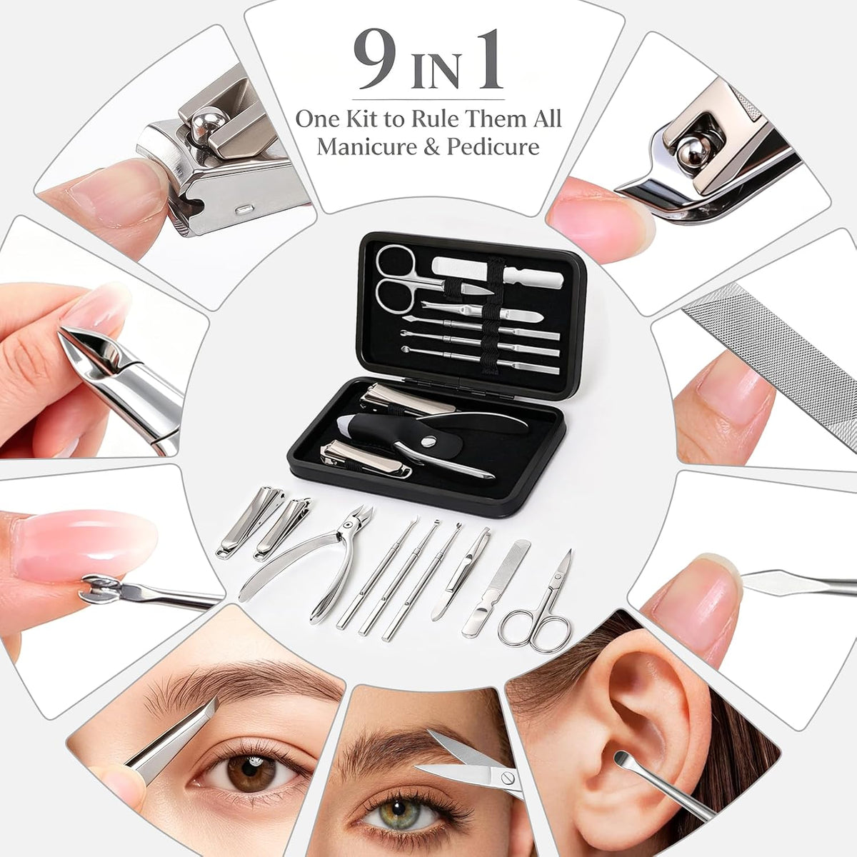 9 in 1 Professional Manicure Kit with Magnetic Leather Case,Black