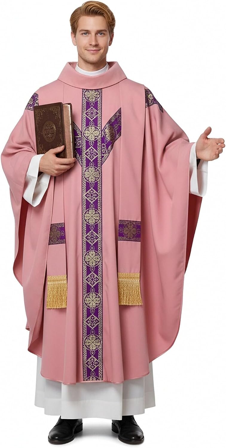 Clergy Elegance Church Vestments for Catholic Priests Chasuble Mass Apparel and Round Collar Robe With Pastor Stole
