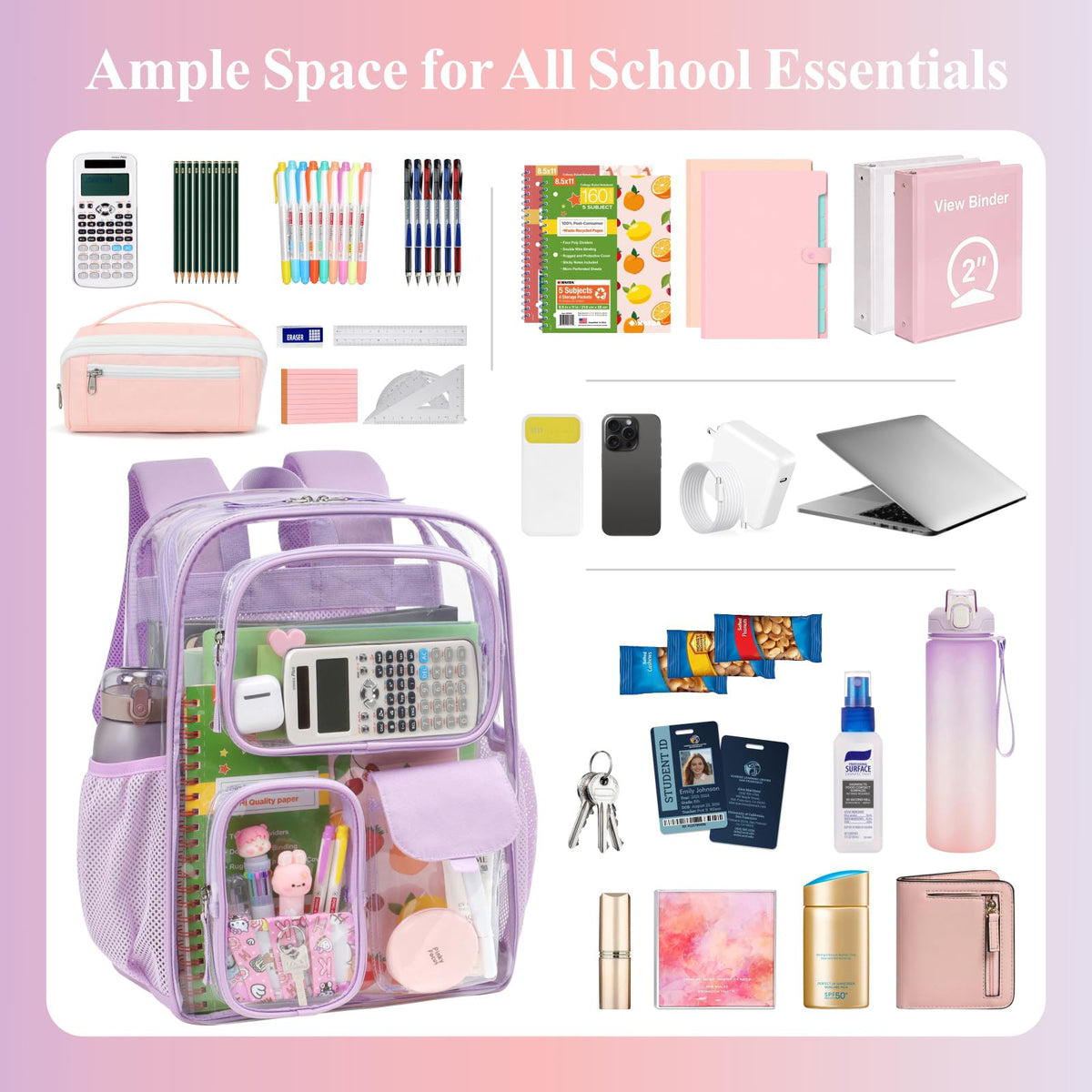Clear Backpack for School - 17 inch Heavy Duty Bookbag, Purple