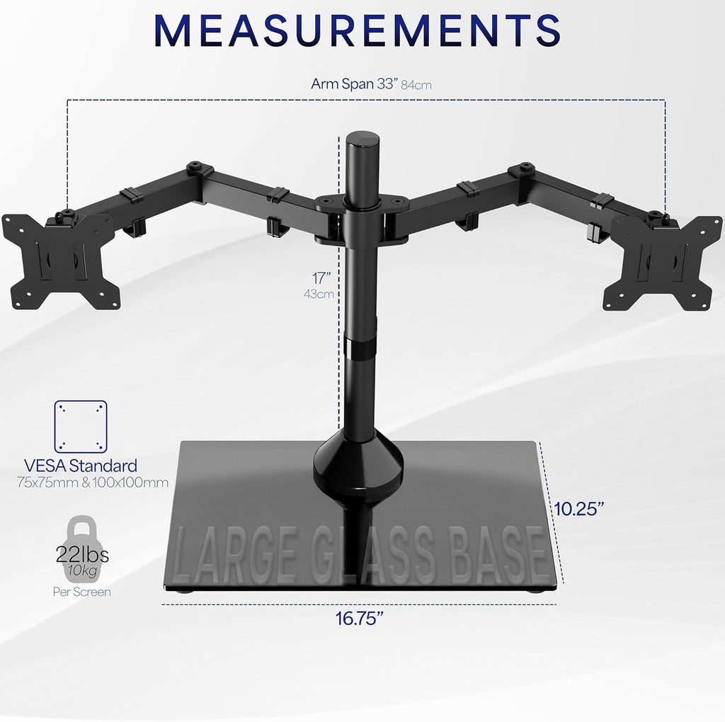 Freestanding Dual Monitor Stand with Sleek Glass Base and Adjustable Arms, Mounts 2 Screens up to 32 inch and 22 lbs