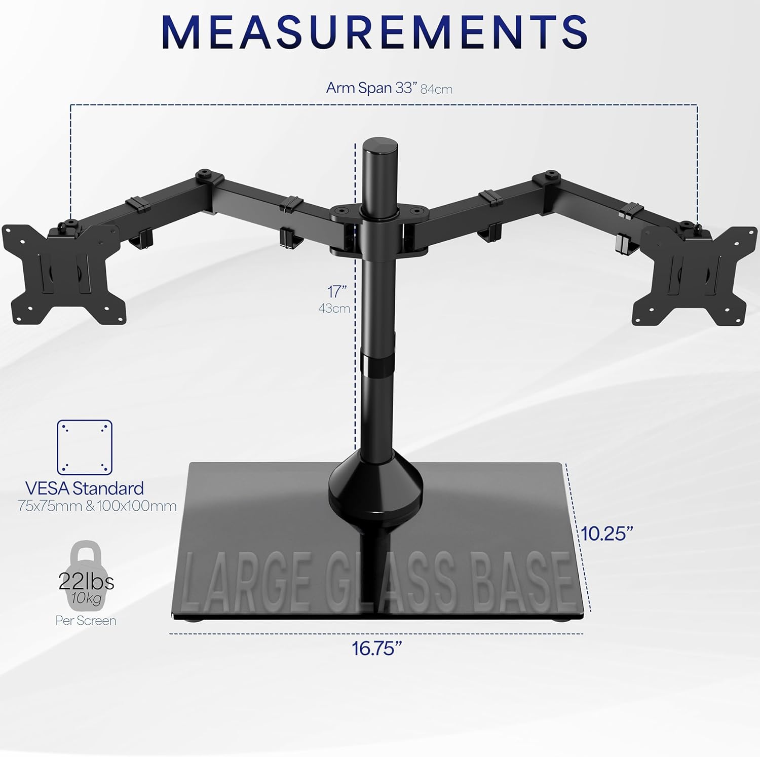 Freestanding Dual Monitor Stand with Sleek Glass Base and Adjustable Arms, Mounts 2 Screens up to 32 inch and 22 lbs