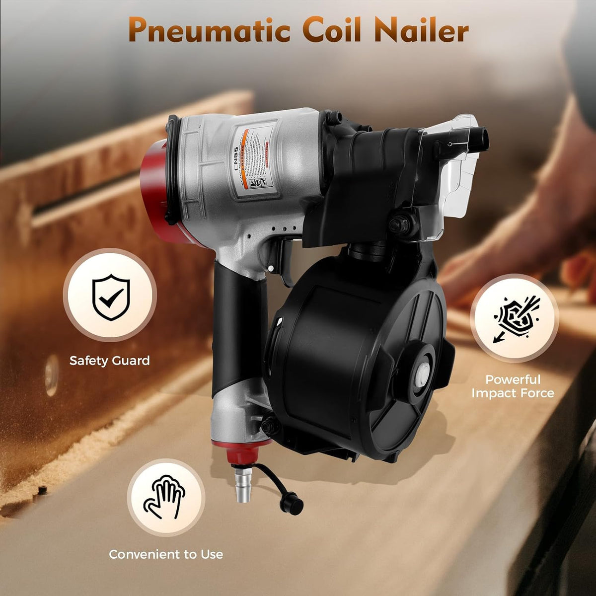 Pneumatic Coil Nailer, CN55 Roofing Siding Nail Gun, 75-120 PSI, 2 Modes