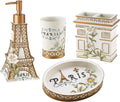 Bathroom Set, Hand Painted Resin, Countertop Accessories, Chic Home Decor, Set of 4 (Paris Botanique Collection)