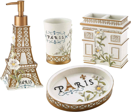 Bathroom Set, Hand Painted Resin, Countertop Accessories, Chic Home Decor, Set of 4 (Paris Botanique Collection)