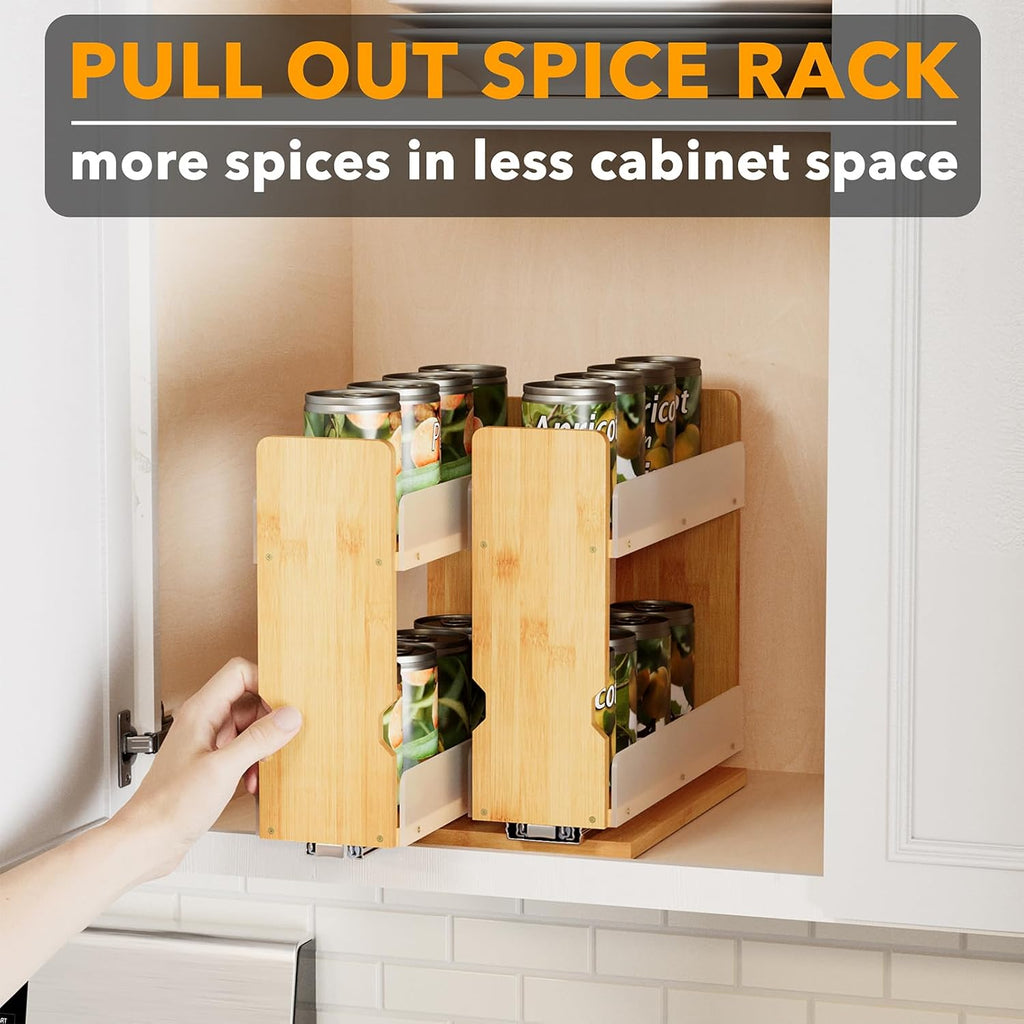 Bamboo Pull Out Spice Rack Organizer for Cabinet, Heavy Duty Slide Out Seasoning Kitchen Pantry Sliding Vertical