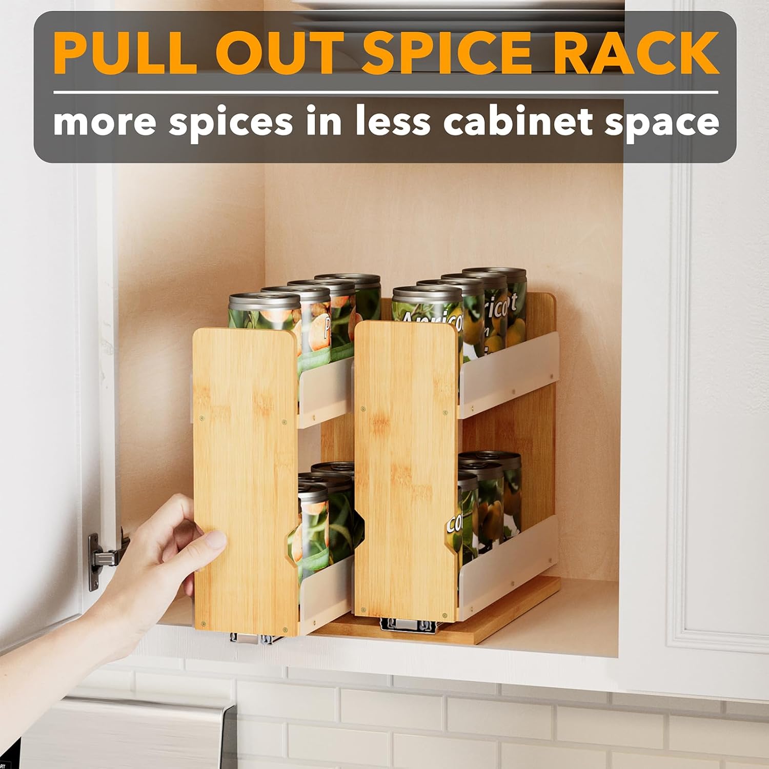 Bamboo Pull Out Spice Rack Organizer for Cabinet, Heavy Duty Slide Out Seasoning Kitchen Pantry Sliding Vertical