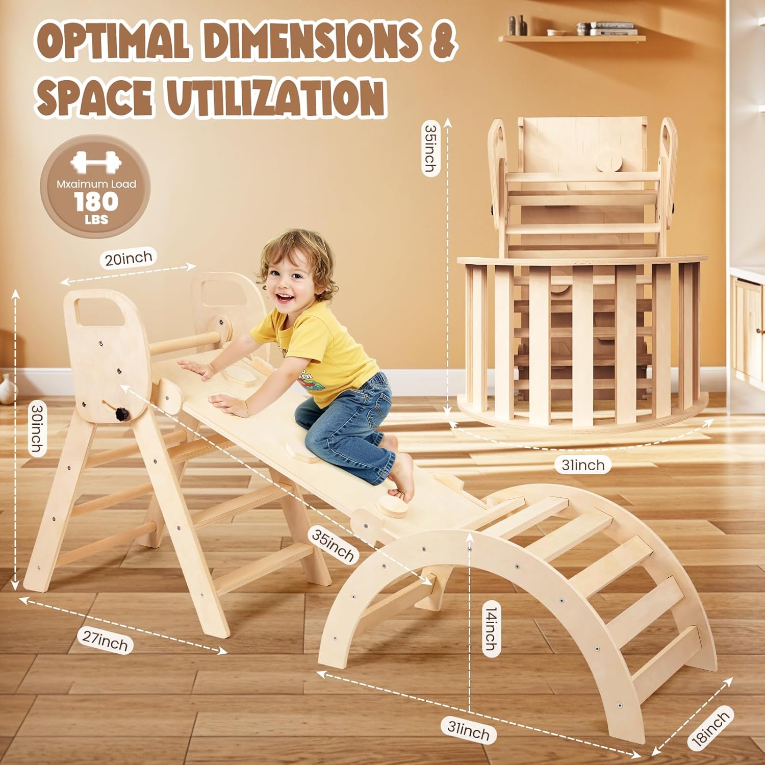 Pikler Triangle Set Foldable Wooden Toddler Climbing Toys Indoor, Playground Jungle Gym for Kids, Montessori Climbing