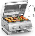 Portable 3-Burner Table Top Gas Grill with Griddle, Stainless Steel BBQ Propane Grill, Flat Top Grill with Lid for