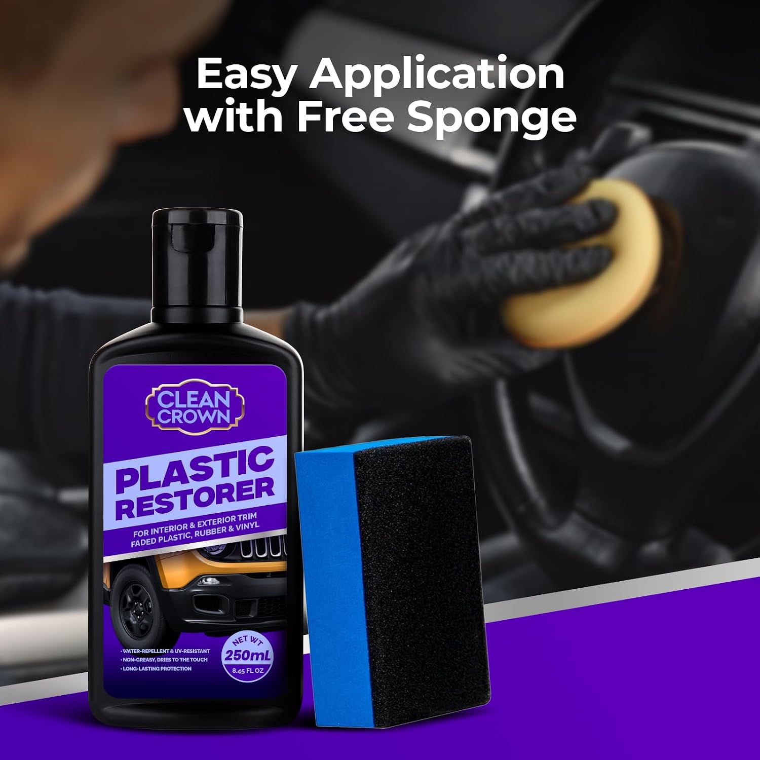 Plastic Restorer for Cars (8.45 fl oz), User Friendly Car Trim Restorer, Quick Plastic Trim Restorer with Free Sponge