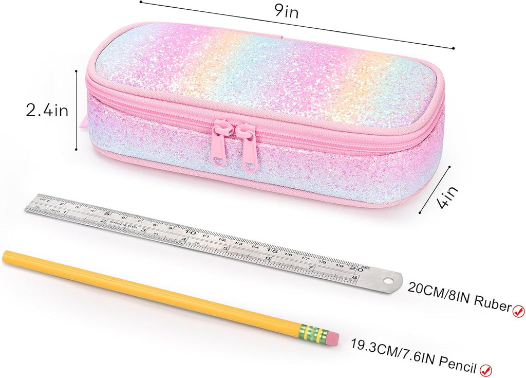 Girls Pencil Case for Kids, Multi-Slot Pencil Pouch, Pink Blue Rainbow