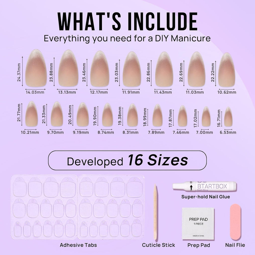 Press On Nails, Medium Almond Cat Eye Nails, 32Pcs Full Kit