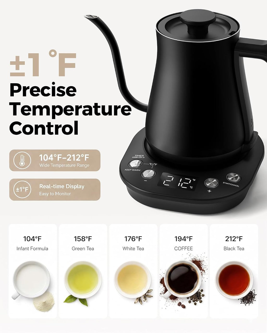 Gooseneck Electric Kettle with ±1℉ Temperature Control, 304 Stainless Steel Interior, BPA Free, 1200 Watt Rapid, Brew