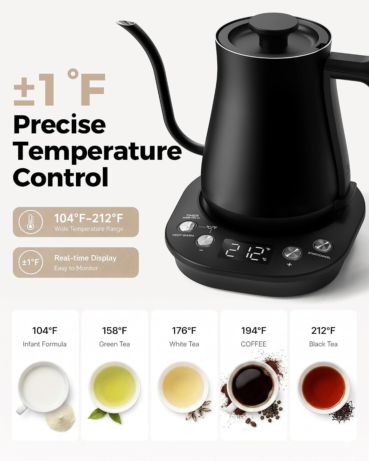 Gooseneck Electric Kettle with ±1℉ Temperature Control, 304 Stainless Steel Interior, BPA Free, 1200 Watt Rapid, Brew