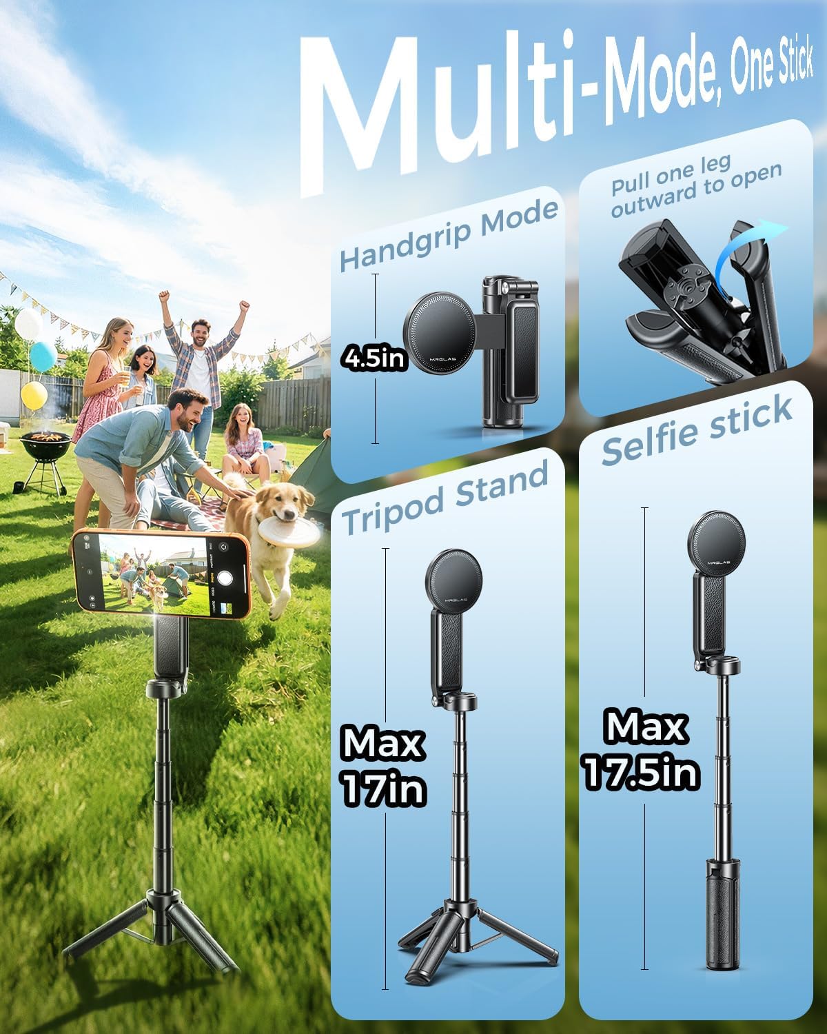 【Max 17"】 MRGLAS Magnetic Mini Tripod Selfie Stick for iPhone【4.5" Pocket】 | 【17" Max Extendable】4.5" Pocket Stand