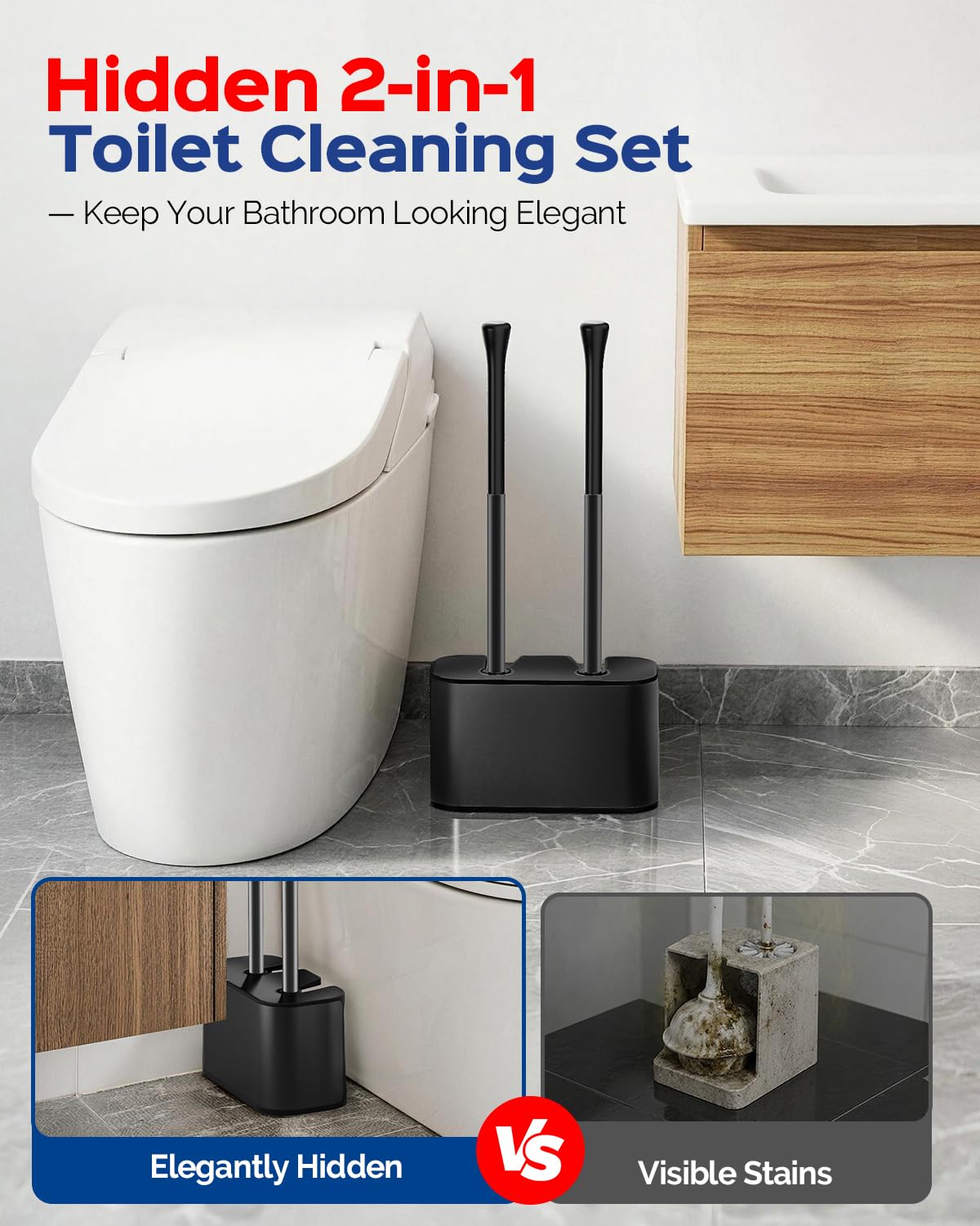 Toilet Bowl Brush and Plunger Set: 2-in-1 Hidden Holder Design