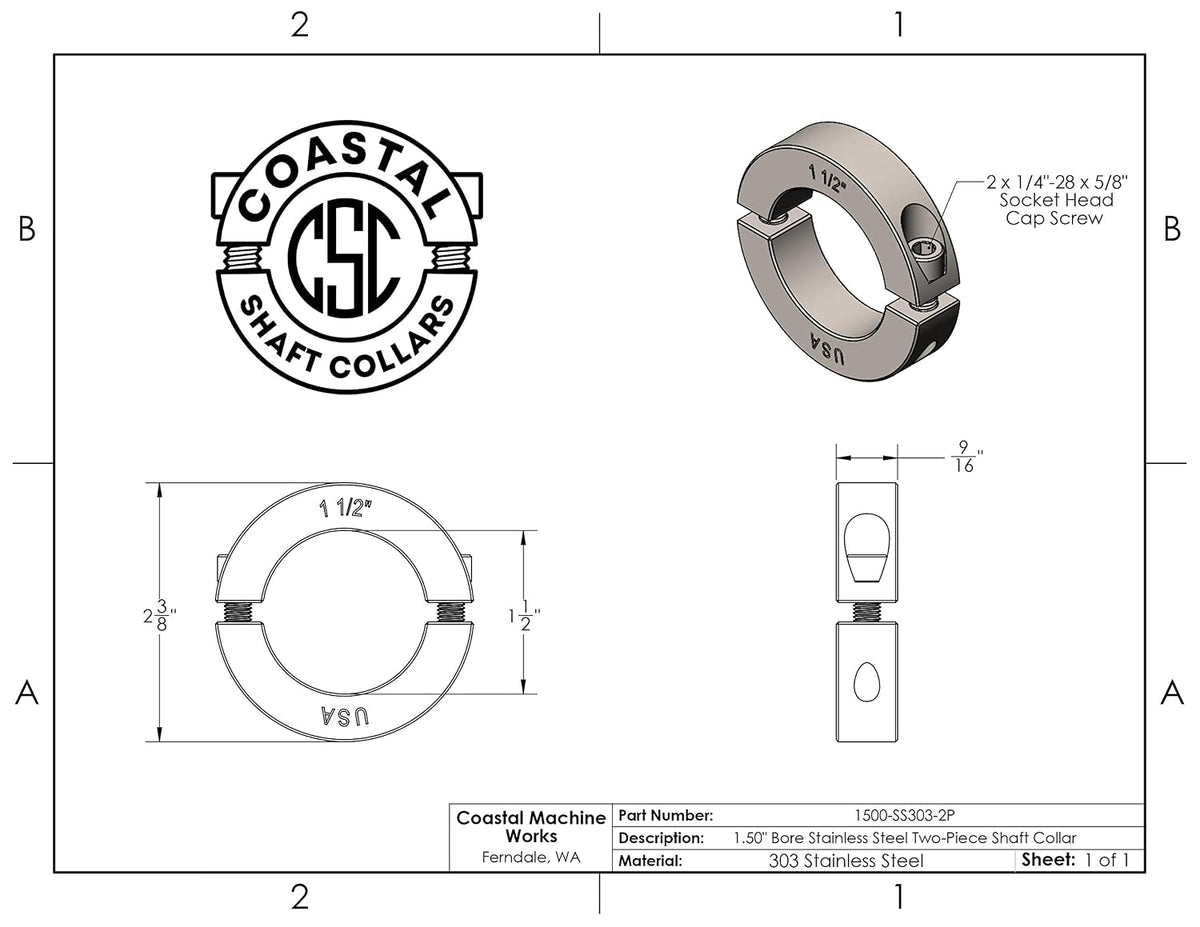 1.50" Bore Diameter - Clamping Two Piece Shaft Collar - 303 Stainless Steel (1 Pack)