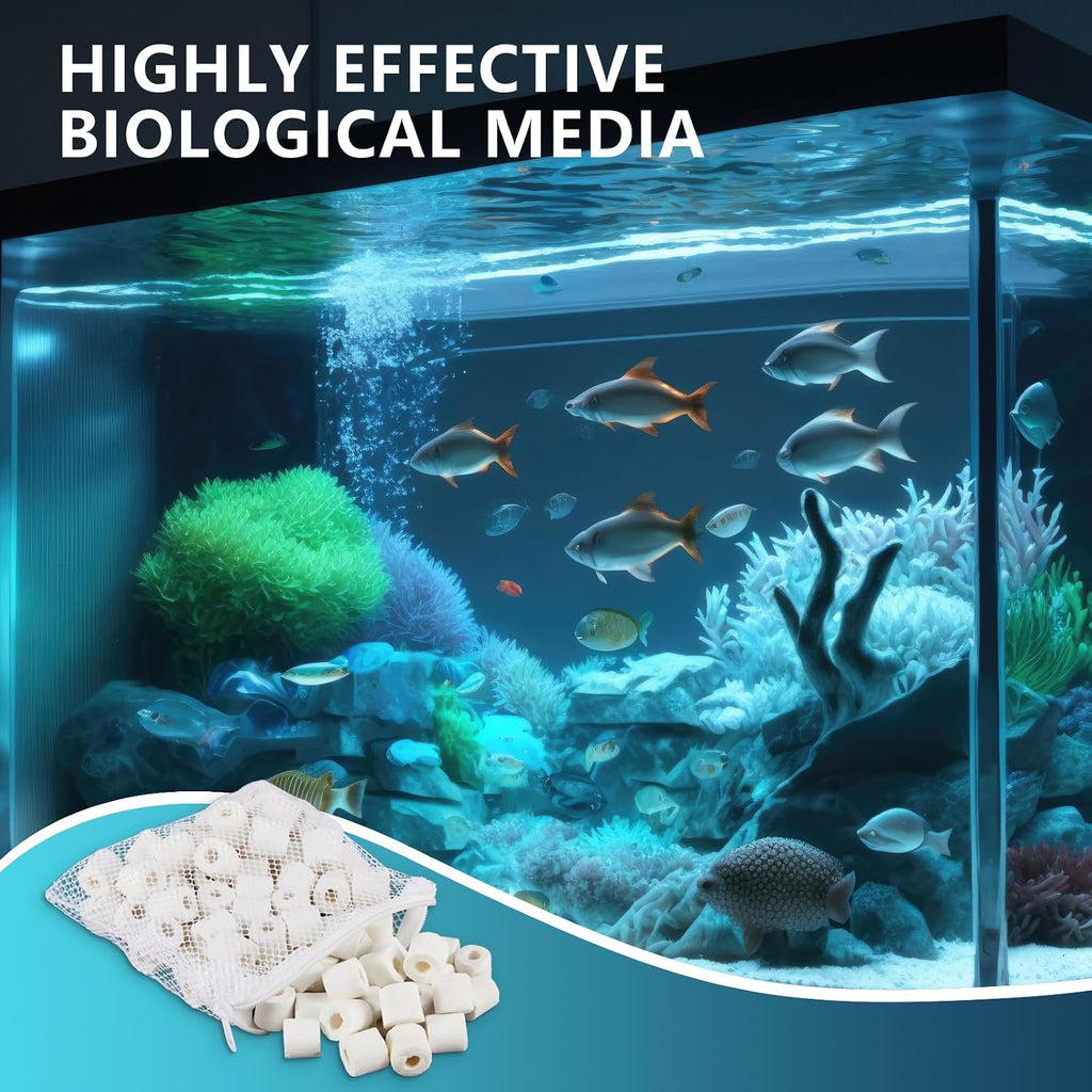 4 Pack Aquarium Bio Ceramic Rings Set, Compatible with Fluval Filter Media, Each 1.1 lb, 2 Ceramic Rings with 2 Mesh