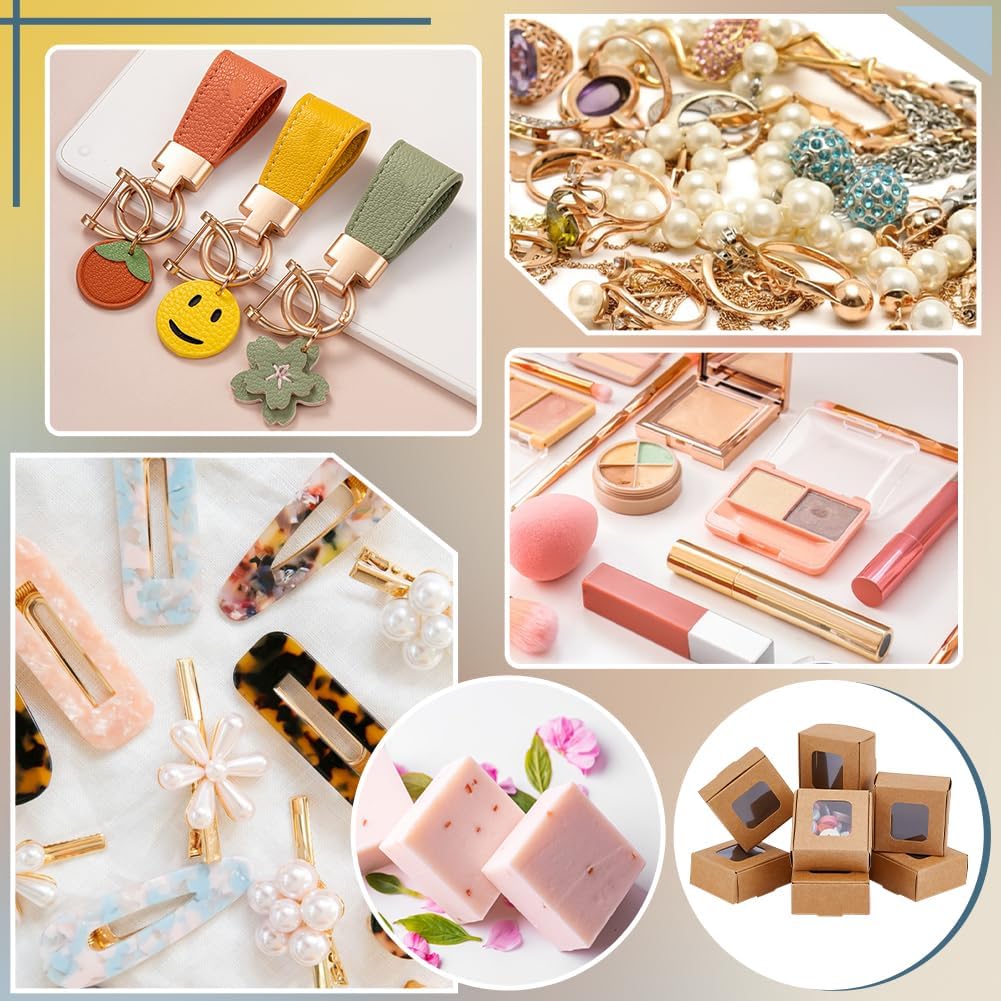 60 Pack Square Clear Window Box, Brown Kraft Paper Container Party Favor Packaging Boxes, 2x2x1inch Foldable Design