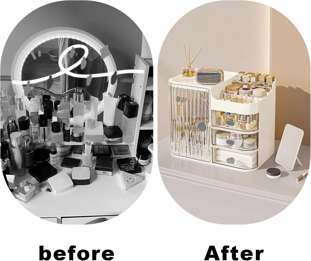Makeup Organizer for Vanity,Large Capacity Makeup Storage Organizer with 3-Layer Drawers and Mirror,Cosmetics Display