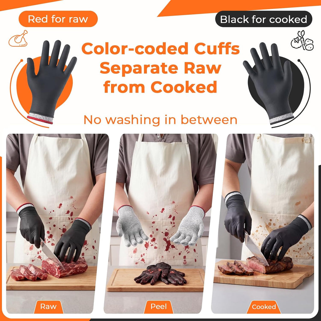 A5 Cut Resistant – Rarely Need Wash, with Nitrile Outer Gloves, Red/Black Cuffs, 13-Gauge Flexible Kitchen Gloves for