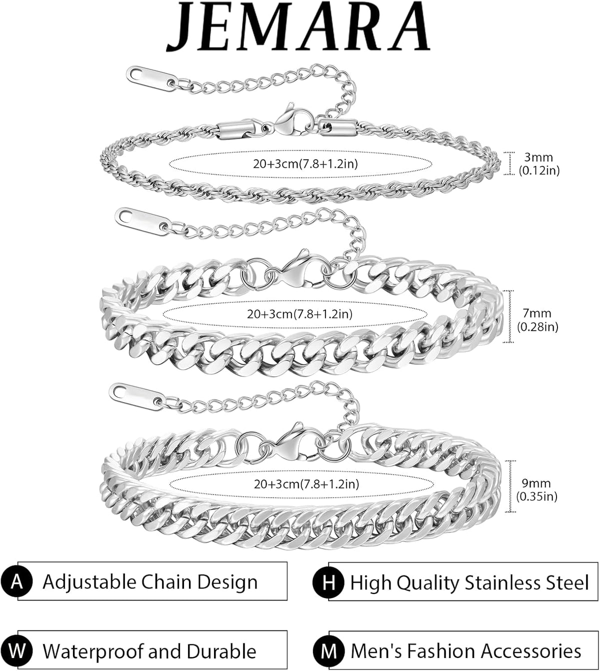 3Pcs Stainless Steel Mens Bracelet | Adjustable Sturdy Silver Cuban Chain Bracelet Set for Men