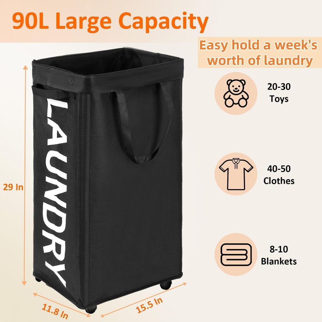 90L Laundry Basket with Wheels, Rolling Hamper with Removable Bag