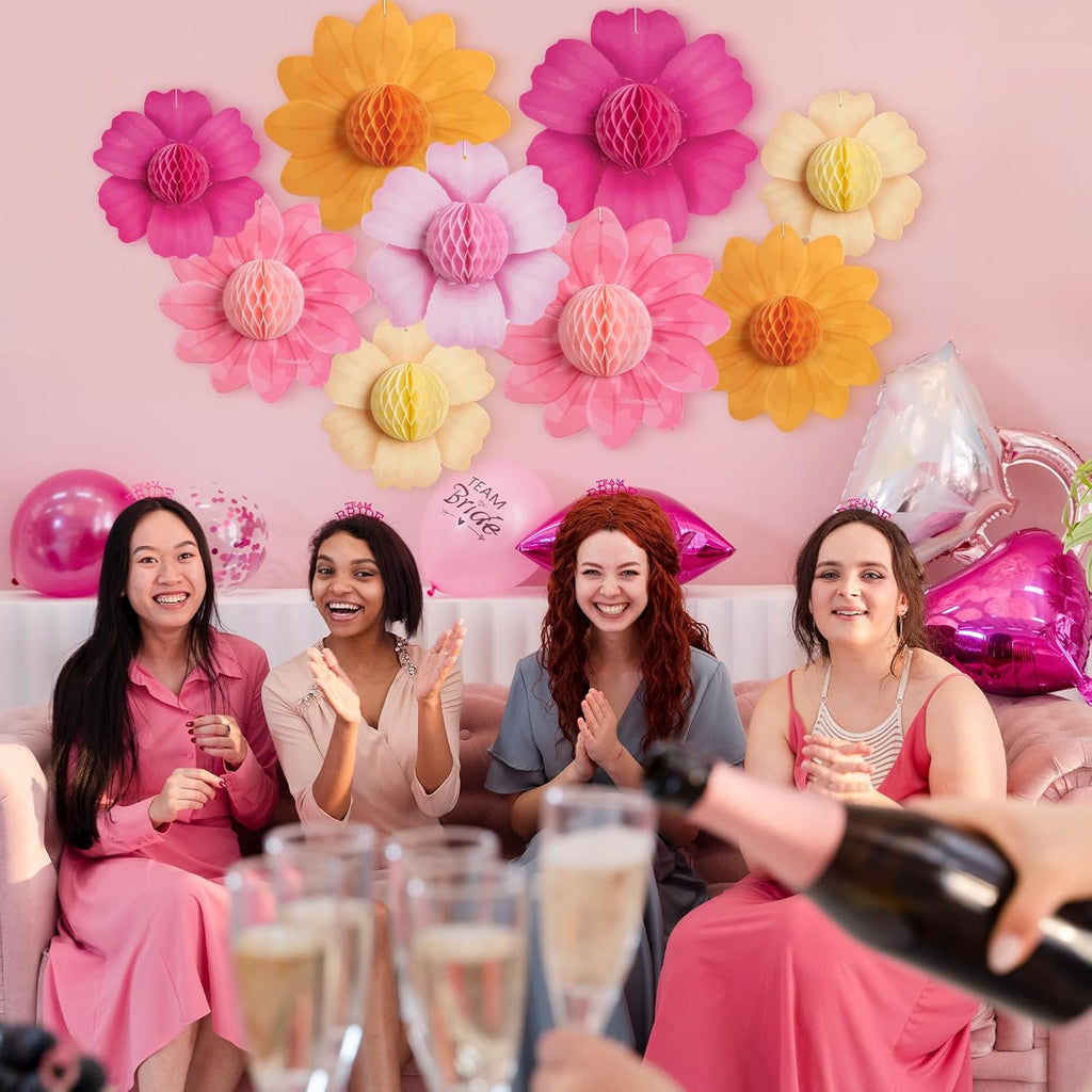 9PCS Hot Pink and Orange Party Decorations Paper Flowers Honeycomb Hanging Large Paper Flowers Pom Poms Fiesta for