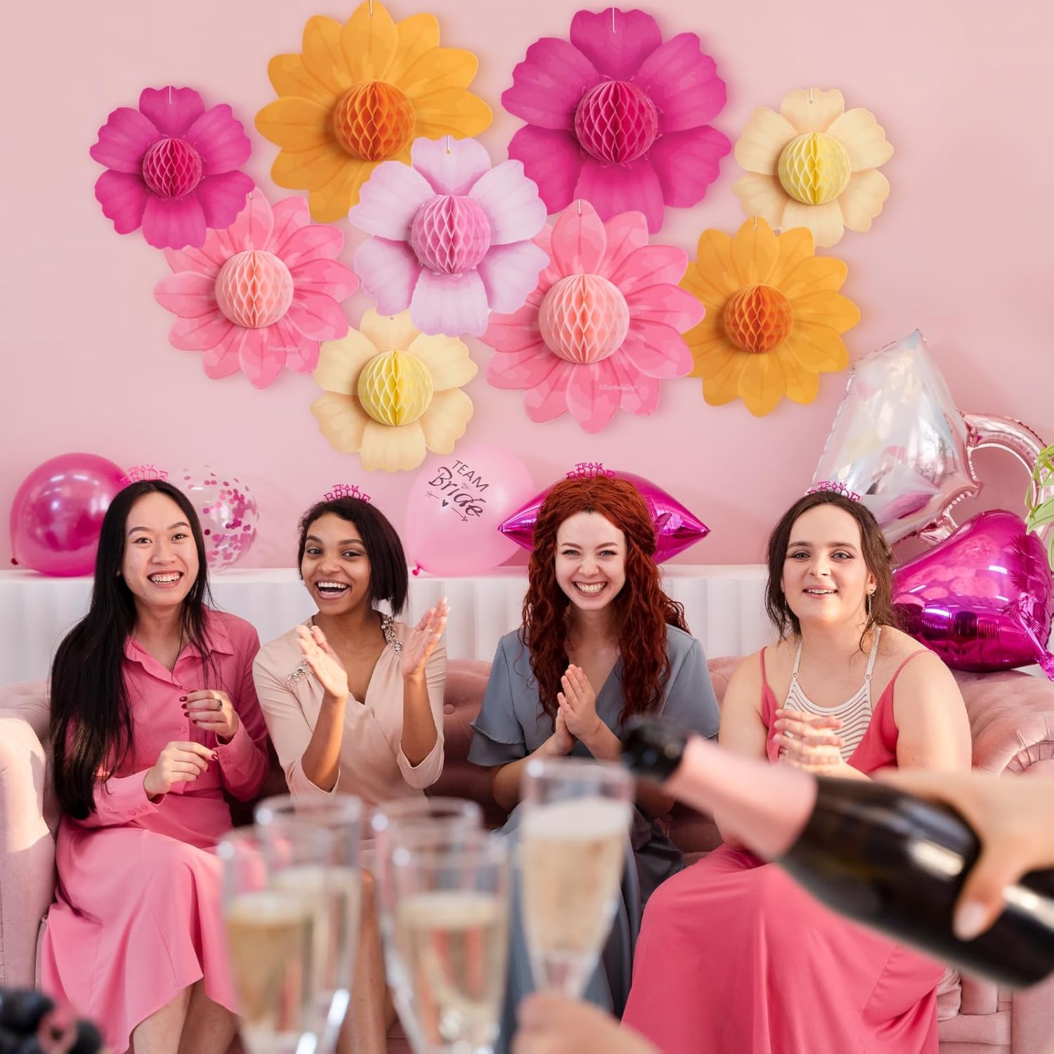 9PCS Hot Pink and Orange Party Decorations Paper Flowers Honeycomb Hanging Large Paper Flowers Pom Poms Fiesta for