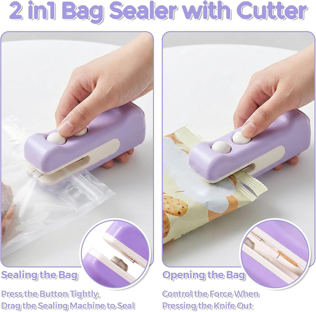 Mini Bag Sealer, 2 in 1 Rechargeable Heat Sealer and Cutter(Purple)