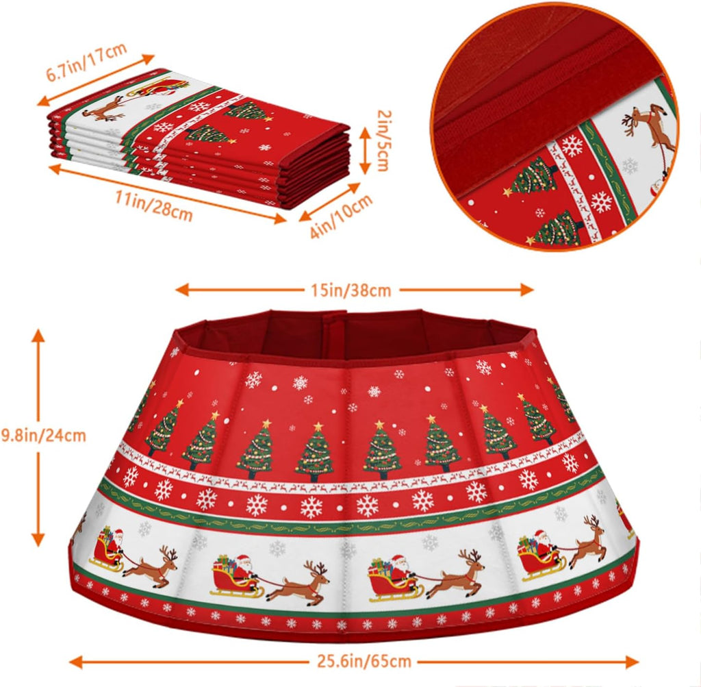 Christmas Tree Collar 25.6", Red Velvet Folable Christmas Trees Ring Skirt, Santa Claus Reindeer Snowflaks Base Stand