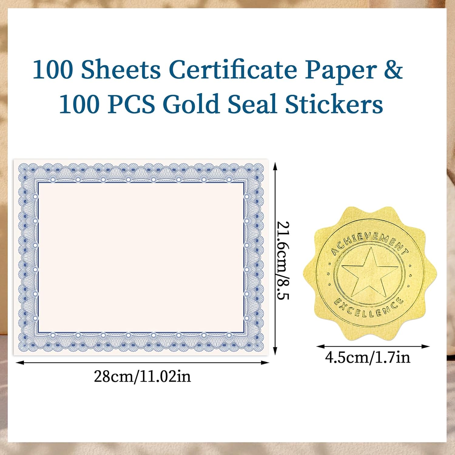 100 Sheets Certificate Paper with Gold Seals, 8.5 x 11 in, Navy Blue Border | 180Gsm Printable Cardstock, Compatible