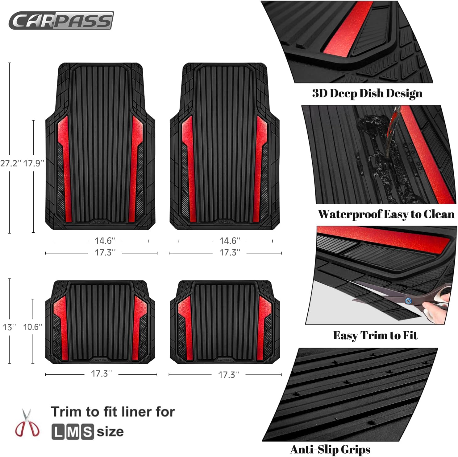Heavy Duty Rubber Car Mats Metallic, Aluminum Film All Weather Floor Mats Waterproof Universal Trim to Fit Automotive