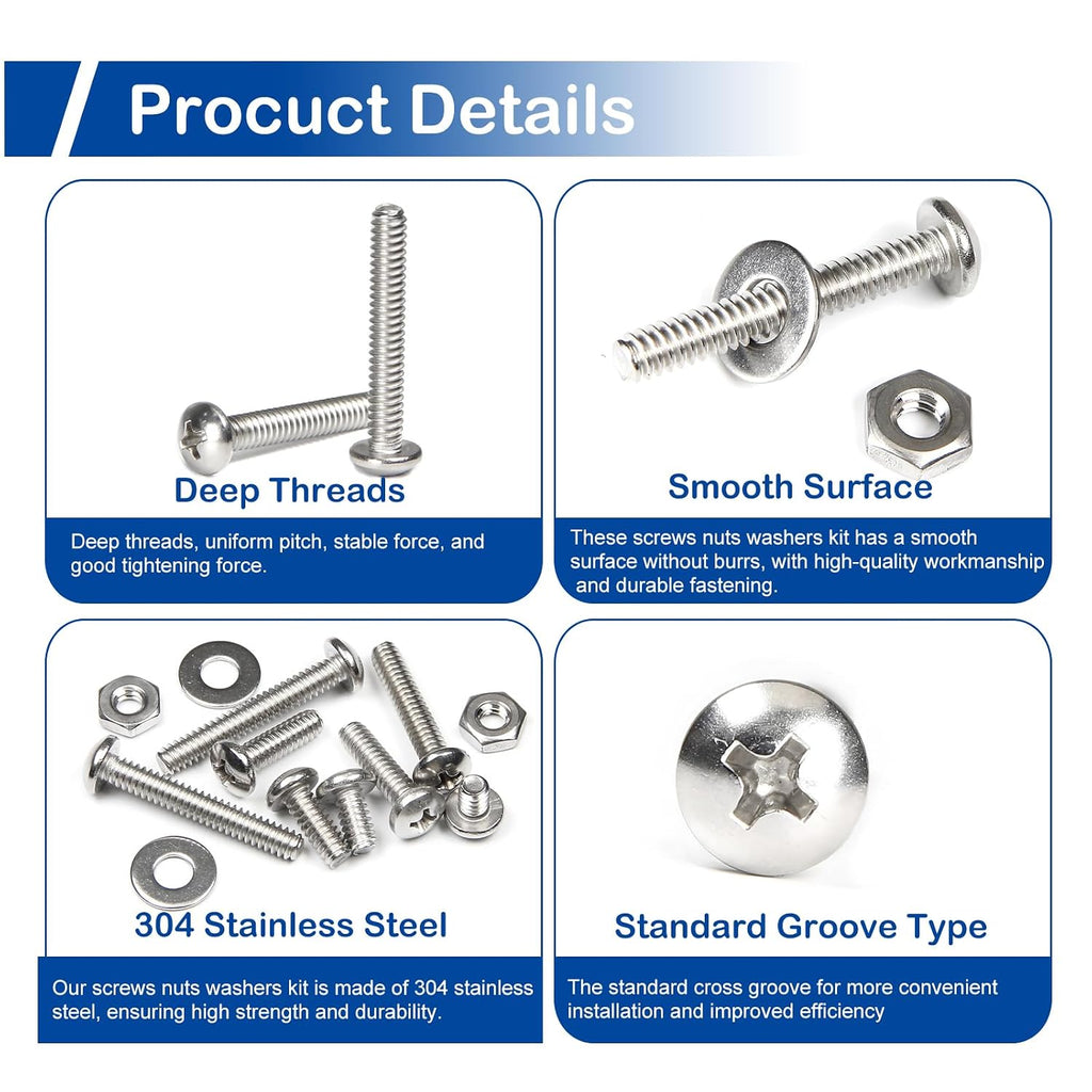 206Pcs #10-24 x 1/4" to 1-1/4" Pan Head Machine Screws Nuts Washers Kit