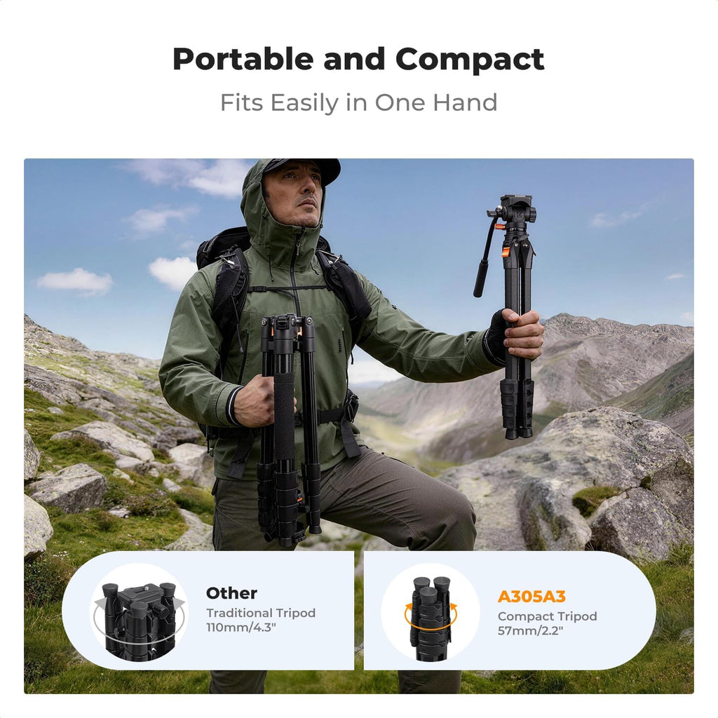 73" Camera Tripod with Fluid Head | Aluminum Travel Tripod, Smooth Pan/Tilt for DSLR/Mirrorless/Camcorder, Max Load