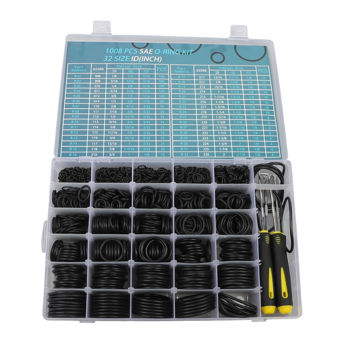 findmall 1008 Pcs SAE O-Ring Kit with 4 Removal Tools 32 AS568 Sizes