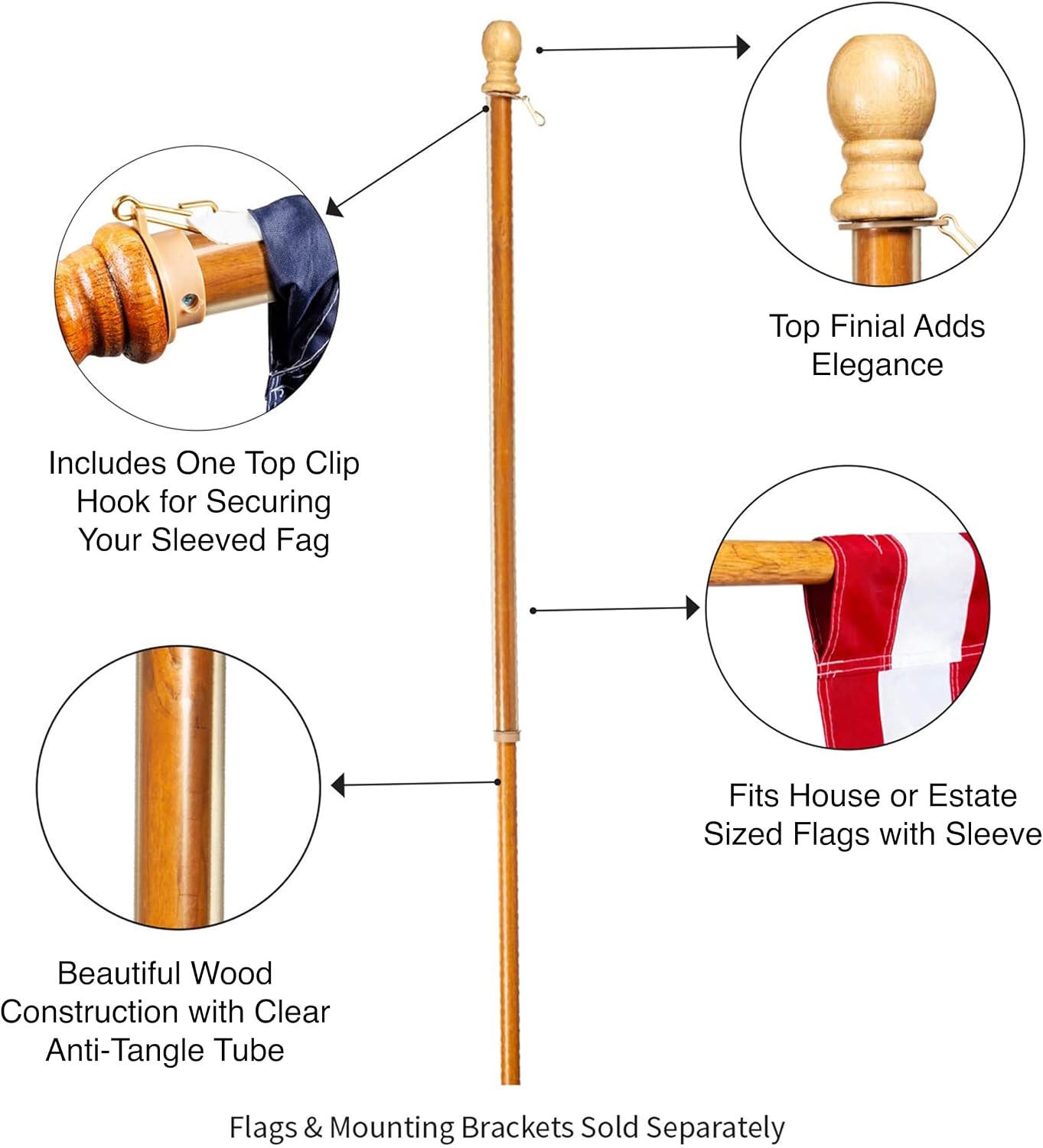 56" Solid Wood Flag Pole with One Clip and Anti-Wrap Tube for 3'x5' Estate Flag with Pole Sleeve, Outdoor