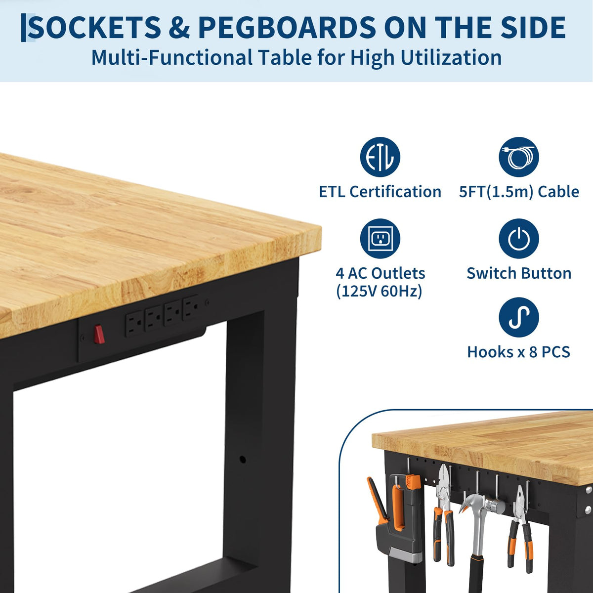 60" Adjustable Workbench, 3000 Lbs Capacity Heavy-Duty Work Bench Table