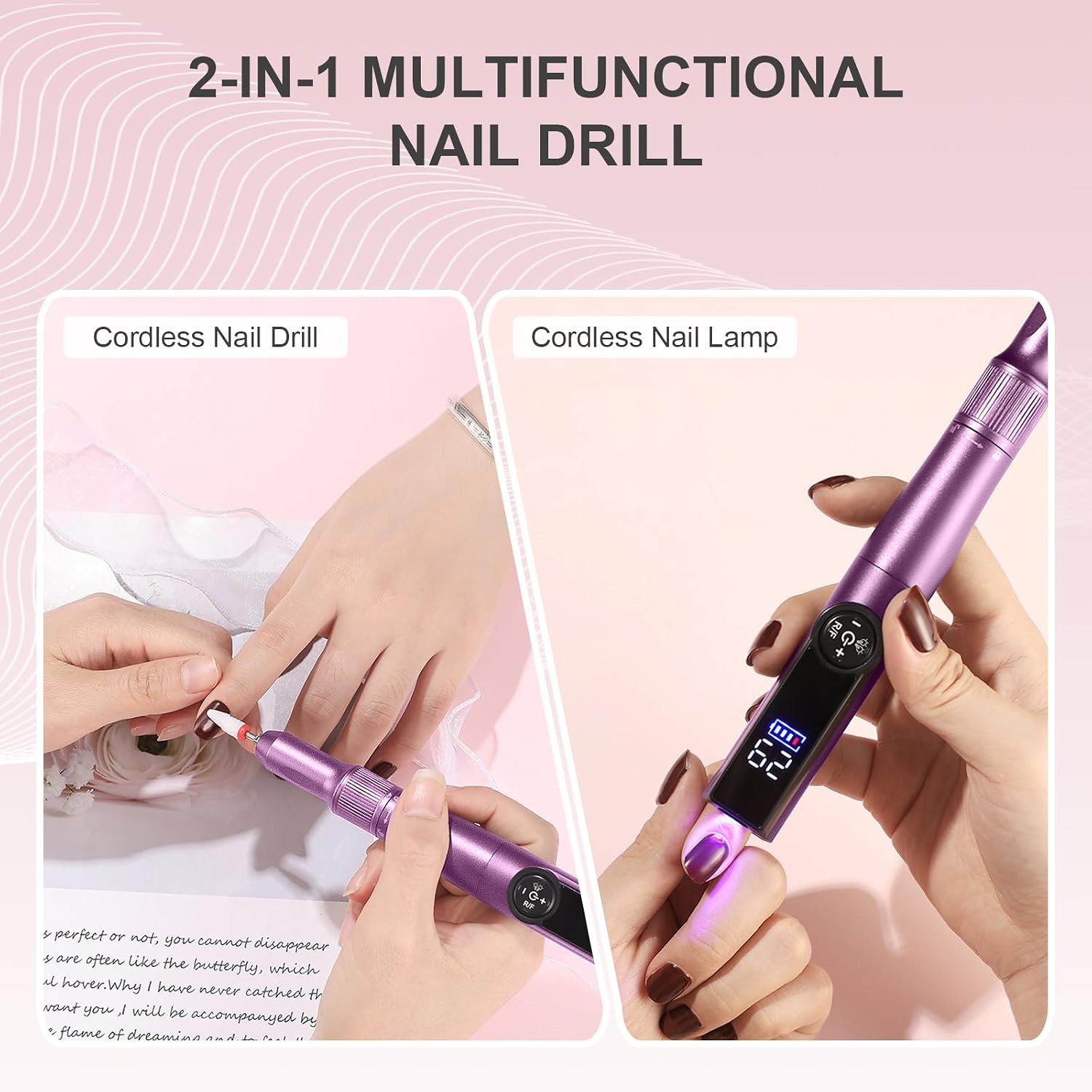 Electric Nail Drill Rechargeable Professional,2 in 1 Nail Grinder & UV Lamp Combo,35000 RPM,Portable Cordless Nail
