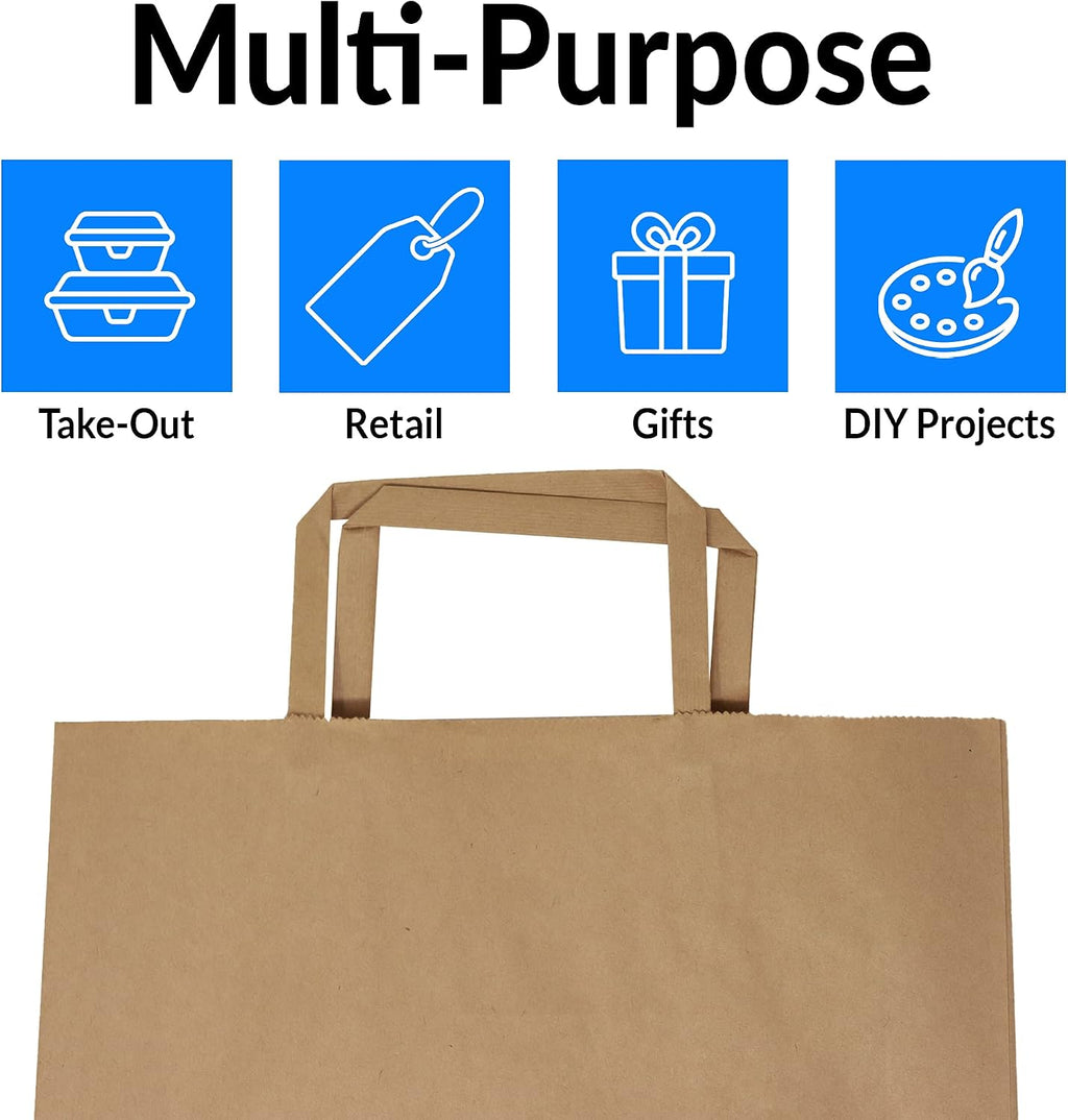 Kraft Paper Bags w/Handles (100 Pcs, Bulk) (Large 10"x6.75"x12")