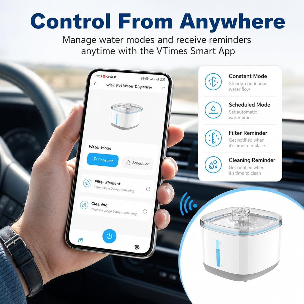 Smart Pet Water Fountain, 2.5L with Wireless Silent Pump & APP Control